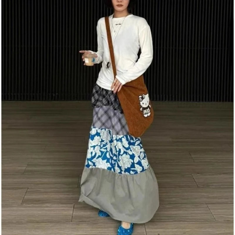 Hnewly  Japanese Style Plaid Skirt Women Vintage Harajuku Y2k Patchwork Long Skirts Autumn Winter Streetwear Retro Ruffle Skirt