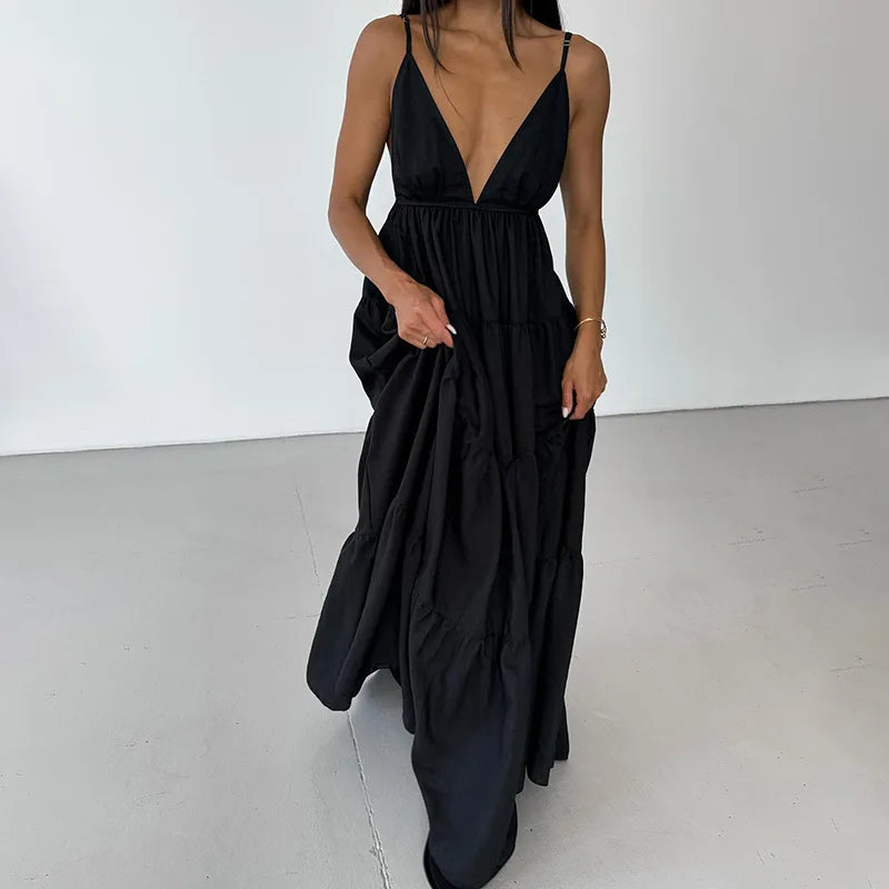 Hnewly Long Skirt Sexy Open Back Temperament Strap Skirt Vacation Style Dress