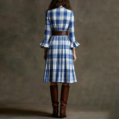 Hnewly  Ladies' Bohemian Style Temperament Pleated Skirt Fashionable Round Neck Plaid Print edRetro Long Sleeved Casual A-line Dress