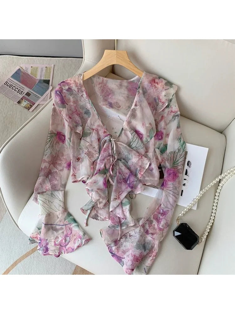 Hnewly Frenched Ruffled Deep V Neck Floral Printed Short Blouses Flared Long Sleeve Mesh Sheer Lace Up Elegant Women Summer Tops Shirts