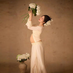 Hnewly  Women Photography Props Maternity White Elegant Pregant Split Top with Skirt Pregnancy Dresses Studio Photo Shoot Photo Clothes
