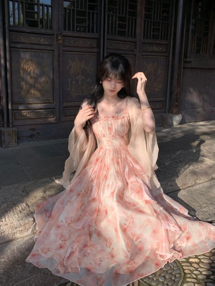 Hnewly 2 Piece Dress Sets Women Elegant Chiffon Summer Casual Slim Strap Dress + Fairy Cardigan Fashion Chic Vintage Suit Even Party