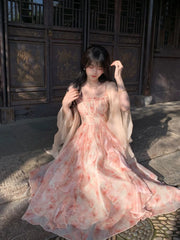 Hnewly 2 Piece Dress Sets Women Elegant Chiffon Summer Casual Slim Strap Dress + Fairy Cardigan Fashion Chic Vintage Suit Even Party