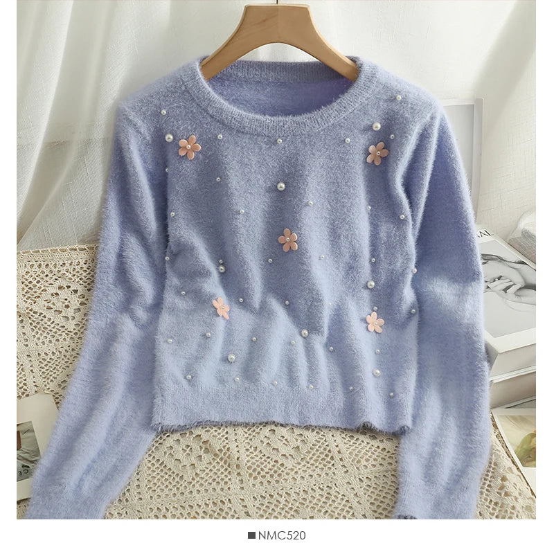 Hnewly  Women's Short Sweater Autumn Winter Fashion Beaded Slim Long Sleeve Pullover Korean Versatile O-neck Loose Knitted Tops