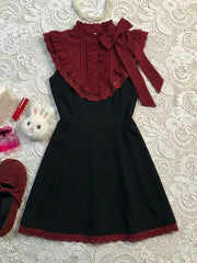 Lunivop  Vintage Classic Burgundy Lace Stand Collar Flutter Sleeve Short Dress Women Elegant Waist Fit Harajuku Summer Streetwear Outfit