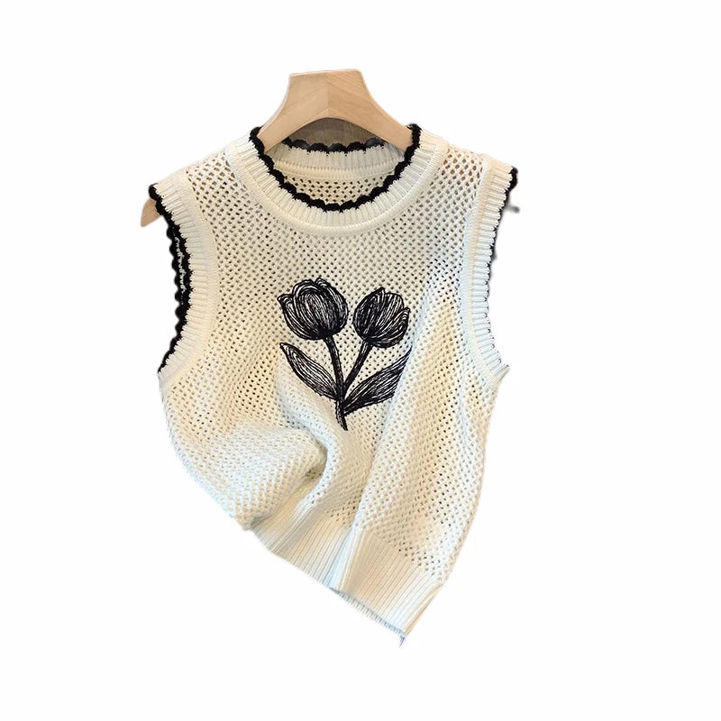 Hnewly  Summer Hollow Out Sleeveless Knitted Vest For Women's Outerwear O-Neck Elegant Floral Print Pullover Fashion Girls TankTop