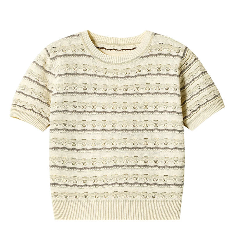 Hnewly  Hollow Out Ice Silk Knitted T-shirt Retro Round Neck Wave Pattern Short Sleeve Tee Women's Spring/Summer New Fashion Loose Top