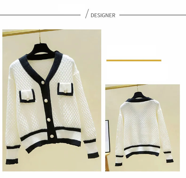 Hnewly  Korean Knit Sweater Temperament V-neck Single Breasted Jacket Women's Spring Autumn New Loose Long-Sleeved Cardigans  Coat