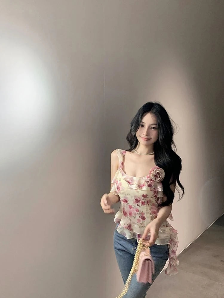 Hnewly  Irregular Camis Women Sweet Sexy Floral Printed Slash Neck Vintage Summer Fashion Holiday Tank Tops Female Casual