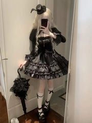 Hnewly Gothic Black Lolita Sets Women Casual Y2k Crop Top Blouse + Plaid Mini Skirts Japanese Kawaii 2 Piece Sets Vintage Clothing Chic