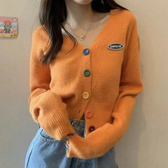 Hnewly  Cardigan for Women Long Sleeve Knitted Sweaters Sweater Cropped Crochet Kawaii V Neck Cardigans Woman Black Tops Cute Trend
