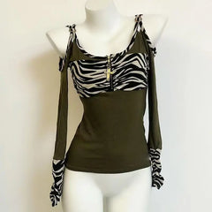 Lunivop  American Street Hottie T-shirt Retro Harajuku Zebra Patchwork Tshirts Subculture Hollow Long-sleeve Tees Women Sexy Y2k Chic Top