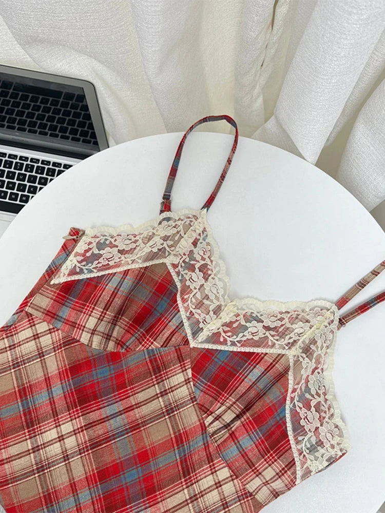 Hnewly Retro Classic Plaid Design Women Slim Suspender One-Piece New Lace Patchwork Female V-neck Ankle-Length Dress Cozy Chic