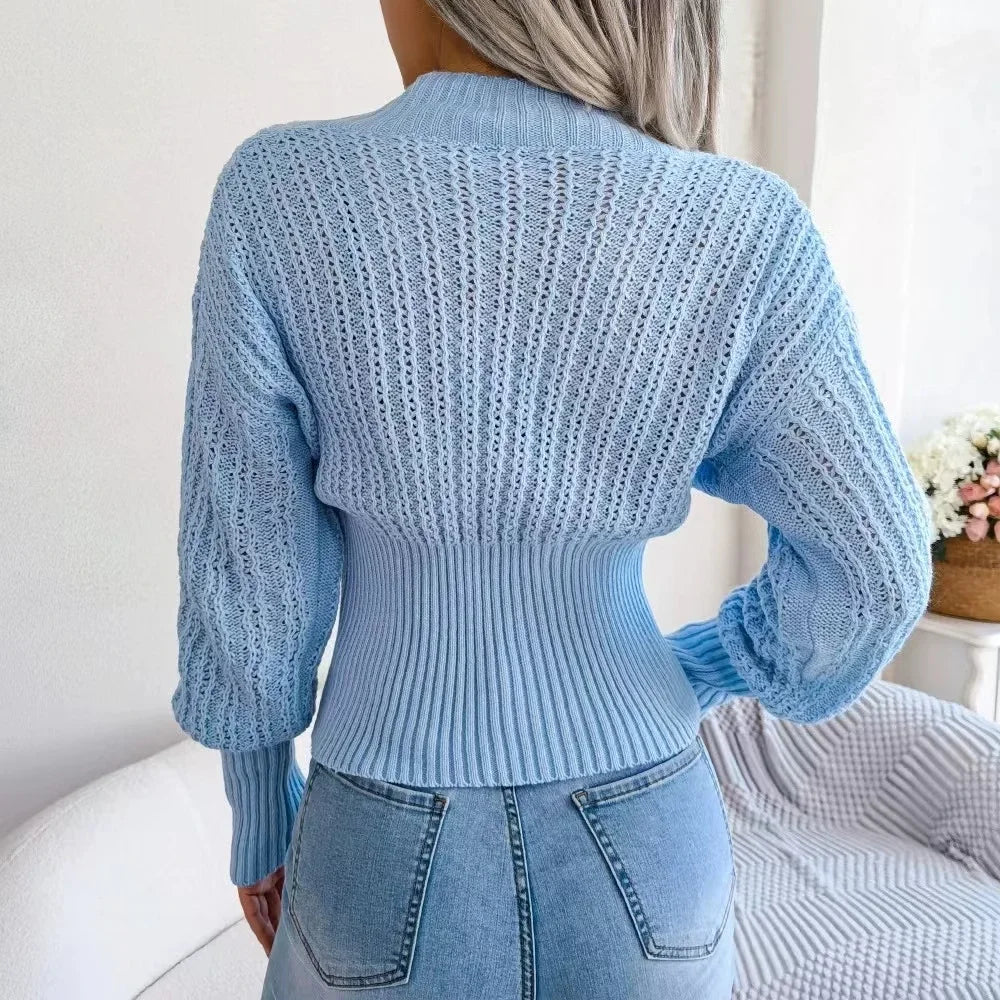 Hnewly  Plunge Knit Top for Women Long Sleeve V-Neck Crop Sweater Ribbed Waist Pullover Top Fall Winter Ladies Sexy Chic Outfit
