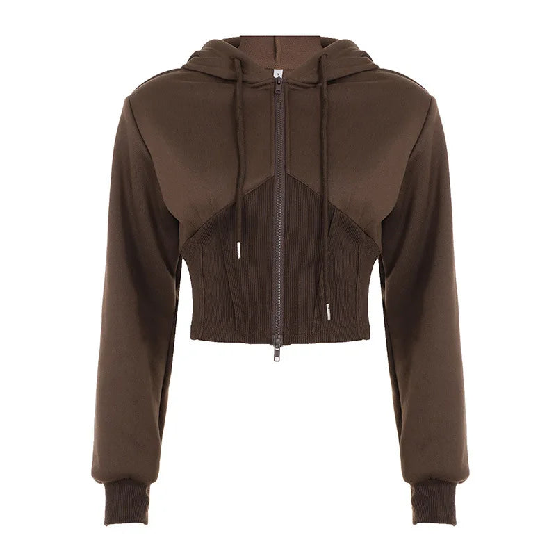 Hnewly  Y2k Aesthetic Vintage Cropped Drawstring Hoodies Autumn Grunge Dual Zippers Hoody Streetwear Cropped Sweatshirt Jackets