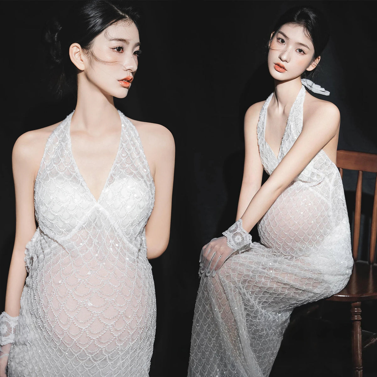Hnewly  Women Maternity Dress for Photoshoot Lady White Elegant Lace Perseptive Long Dress Clothing for Studio Photography Shooting