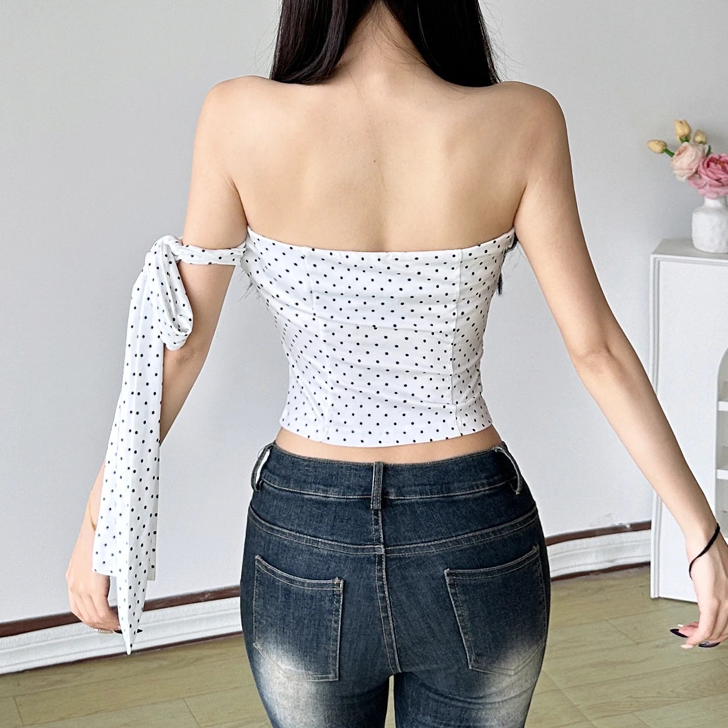 Hnewly Elegant y2k Vest Lace-up Ribbon Polka Dot Crop Top Summer Sleeveless Skinny Tube Tops for Women Streetwear Tees Aesthetic