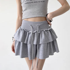 Hnewly Korean Retro Solid Color All Match Cake Skirt Women Summer New High Waist Lace-up Sexy Slim Pleated A-line Skirt