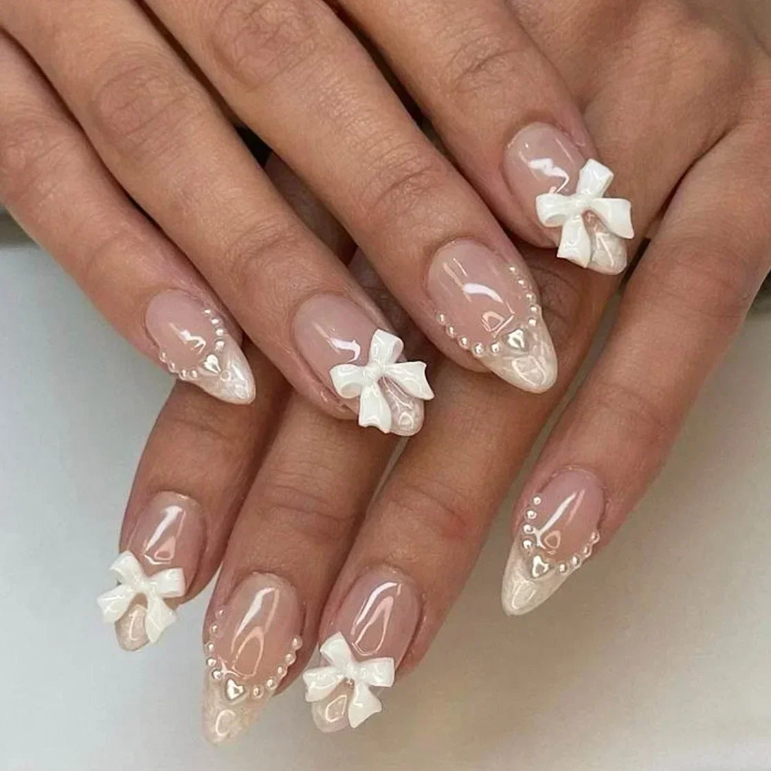 Hnewly 24Pcs Pink Almond French Press on Nails With 3D Bow ripple charms Design Fake Nails Ballerina False Nails Full Cover Nail Tips