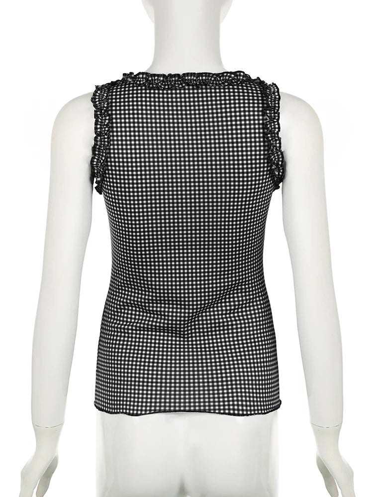 Hnewly Sweet Bow Ruffles Plaid Tank Top Slim Square Collar Sleeveless Tank Tops Women 2024 Summer Fashiion Streetwear Ladies