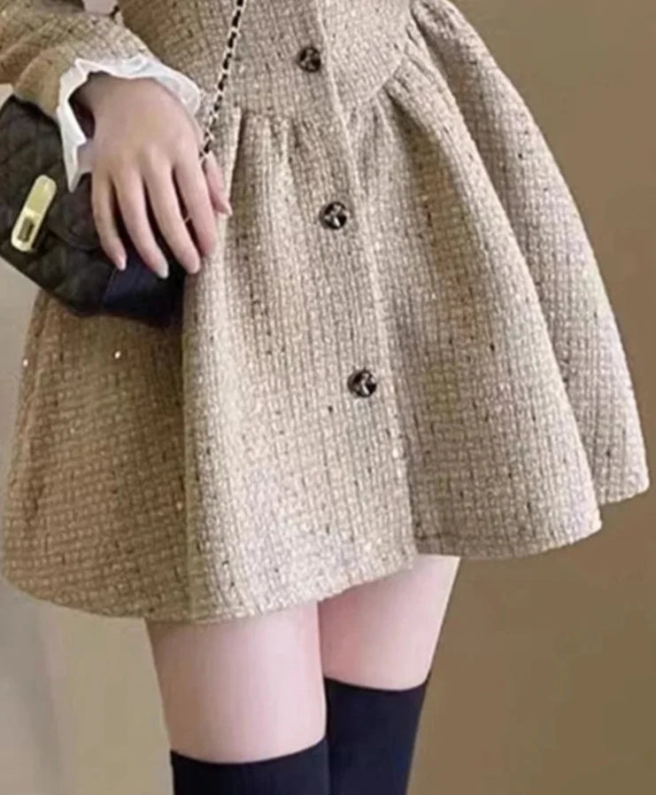 Hnewly Slim Waist Korean Style Women Dress New Ruffled Bow Single Breasted Fashion Female Mini Dresses Sweet Elegant Streetwear
