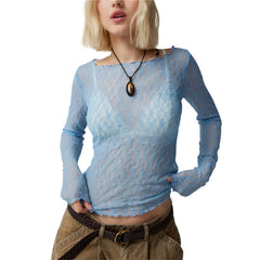 Hnewly Lace Tops for Women y2k Clothes Sheer See Through Round Neck Long Sleeve Ruched T Shirt 2000s Clothing Party Clubwear