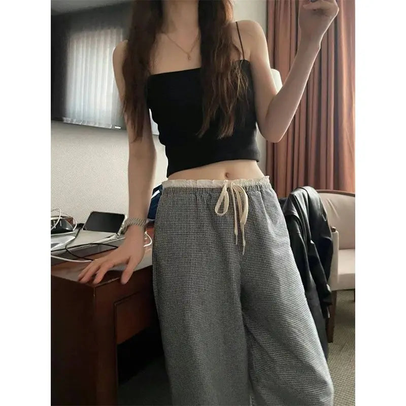 Hnewly Vintage Plaid Women Pants Y2k Oversized High Waist Drawstring Sweatpants Baggy Casual Trousers Korean Fashion Harajuku