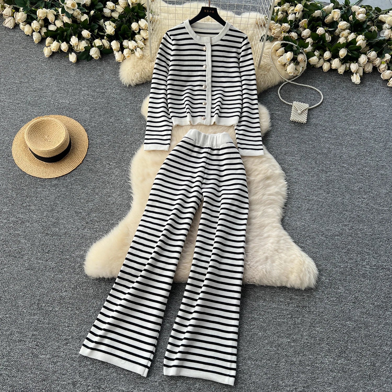 Hnewly  Elegant Knitted Set for Women's High End Versatile Round Neck Striped Knitted Cardigan+High Waist Casual Wide Leg Pants 2PCS