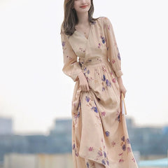 Hnewly  Spring Autumn New V-neck Long Sleeve Midi Dress Women High Street Casual Printing Pleated Dresses Elegant High Waist Vestidos