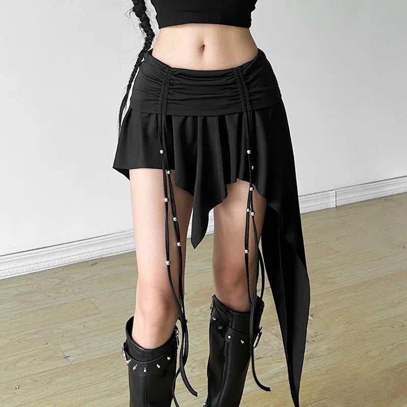 Hnewly  Goth Dark Mall Gothic Dropped Waist Drawstring Mini Skirt Punk Grunge Women Irregular Hem A-line Skirts Chic E-girl Techwear Y2K