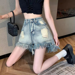 Hnewly  Korean Blue Ripped Denim Shorts Women Fashion Summer Tassel Straight Hot Shorts Woman A-Line All Match Short Jeans Female