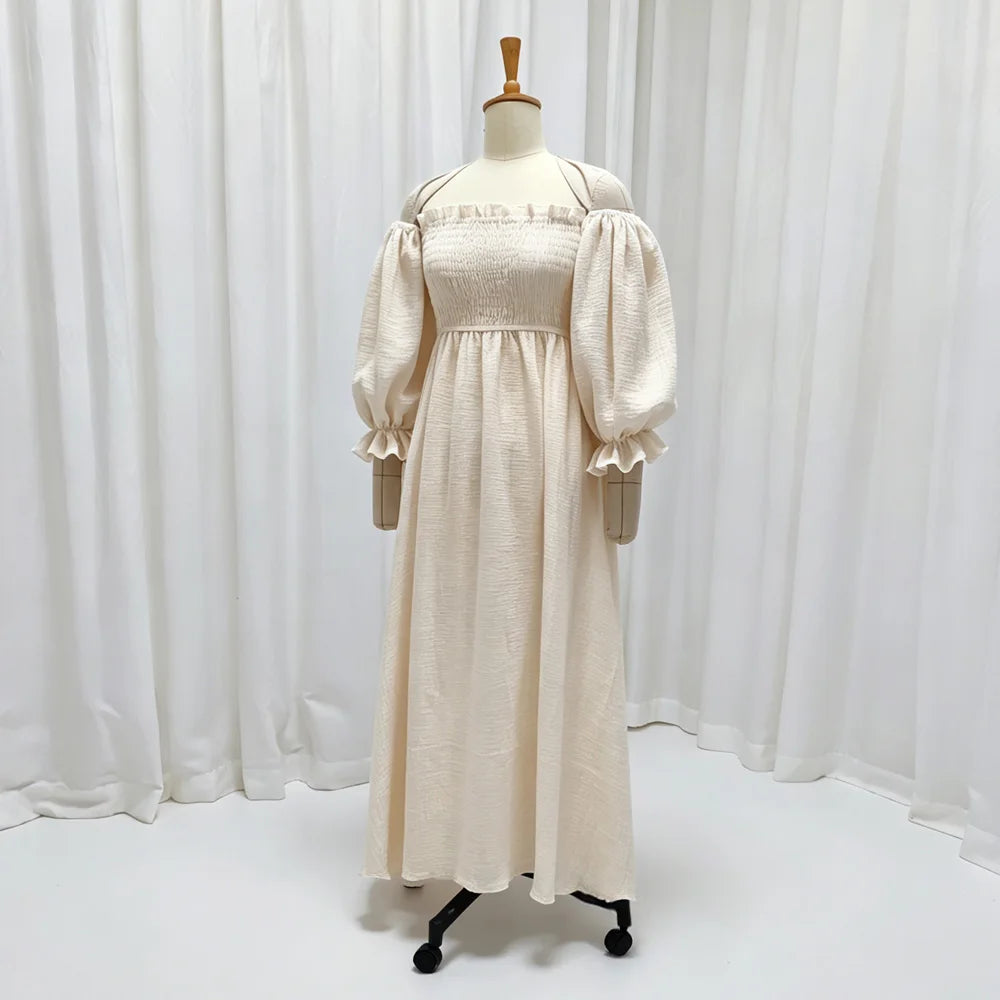 Hnewly  Soft Gauze Cotton Maternity Gown Off Shoulder Elastic Top With Bubble Sleeves Dress Breathable Flowly for Pregnancy Photos