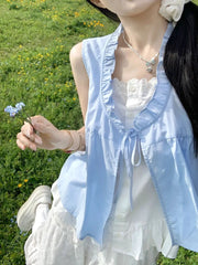 Hnewly  Sweet Casual Loose Fake Two Pieces Tops Women Design Fashion Sleeveless Lace Brief T-Shirts Female Elegant Cute Fairy Clothes