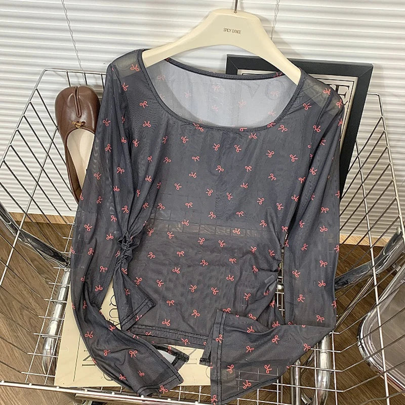 Hnewly Pink Bow Printed Long Sleeved T-shirt Women's Spring  Summer Sun Protection Top Korean Version Round Neck Slim Fit Versatile Tee
