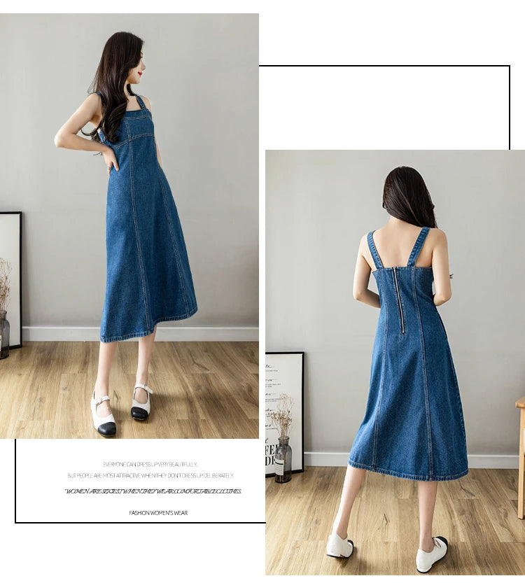 Hnewly  Denim Spaghetti Strap Dress New Summer Women's Retro Strap A-Line Dress Classic Blue Tea-Length Versatile Slim Sun Dresses