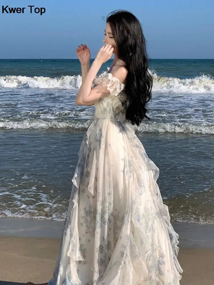 Hnewly Fashion Bohemian Print Long Dresses France Elegant Ruffles Strap Beach Holiday Vestidos Summer Korean A-line Robe Women