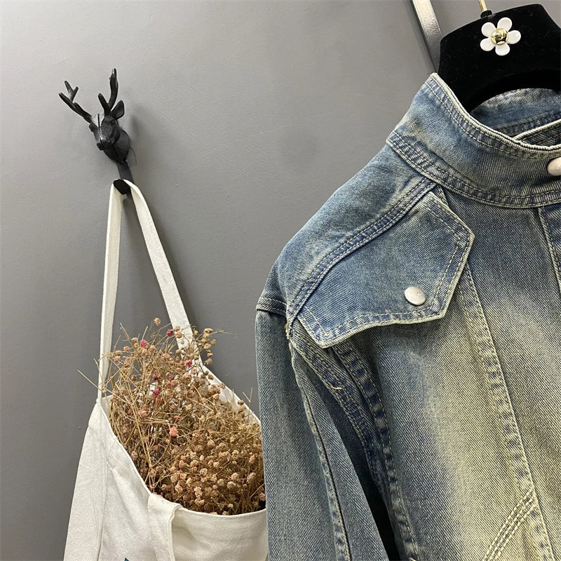 Hnewly  Women Standing Collar Denim Short Jacket Washed  Polished White Retro Motorcycle Outwear Spring Fashion Slim Long Sleeved Top