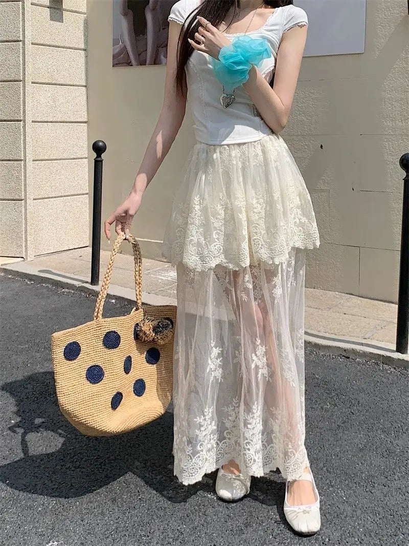 Hnewly Lace Splicing Lace Half Skirt Design Summer New High Waist Slimming Mesh Long Skirt