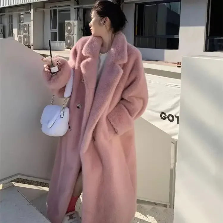 Hnewly Fashion Autumn/Winter Thick Suit Collar Imitation Mink Fur One Piece Fur Eco Friendly Furs Long Coat Women Jacket Winter Clothes