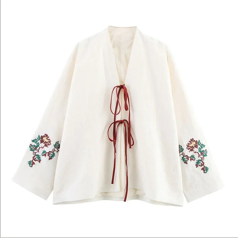 Hnewly  Elegant Embroidery Lace Up Womnen Jacket Long Sleeve Hollow Out O-neck Female Streetwear Autumn Print Lady Streetwear New