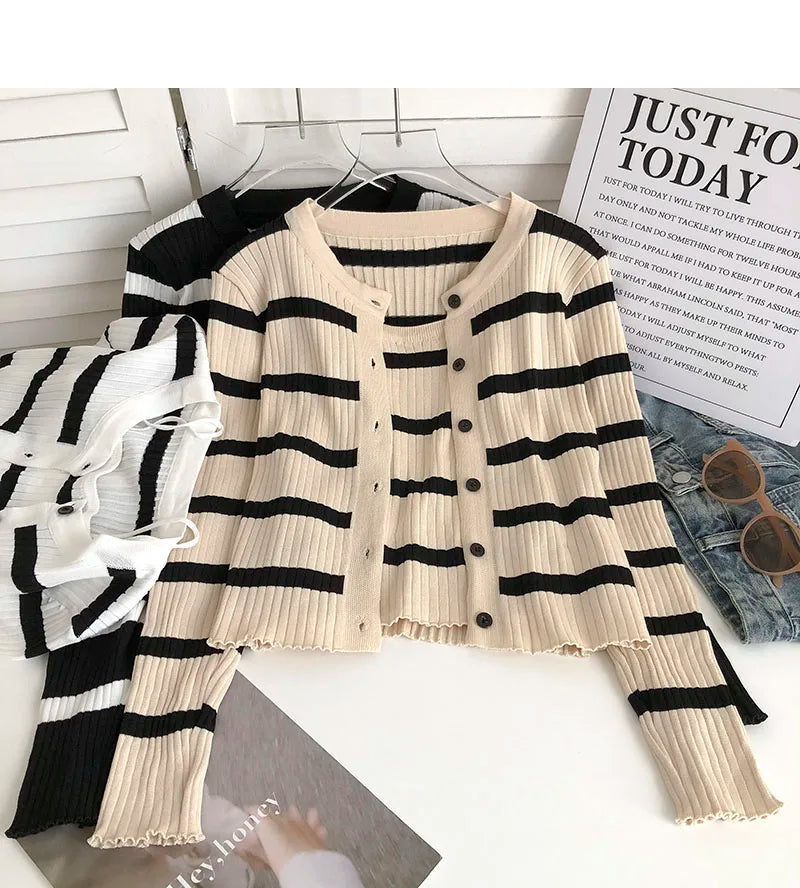 Hnewly  Women's Striped Knitting Cardigan Single Breasted Long Sleeved Sweater+Spaghetti Straps Vest Spring Autumn Korean Top 2pcs