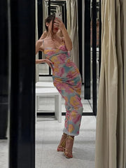 Hnewly  Sexy Printed Women's Dress Pleated Waist-Closed Sleeveless Hip Package Skinny Slip Dresses Summer Chic Female Party Robe