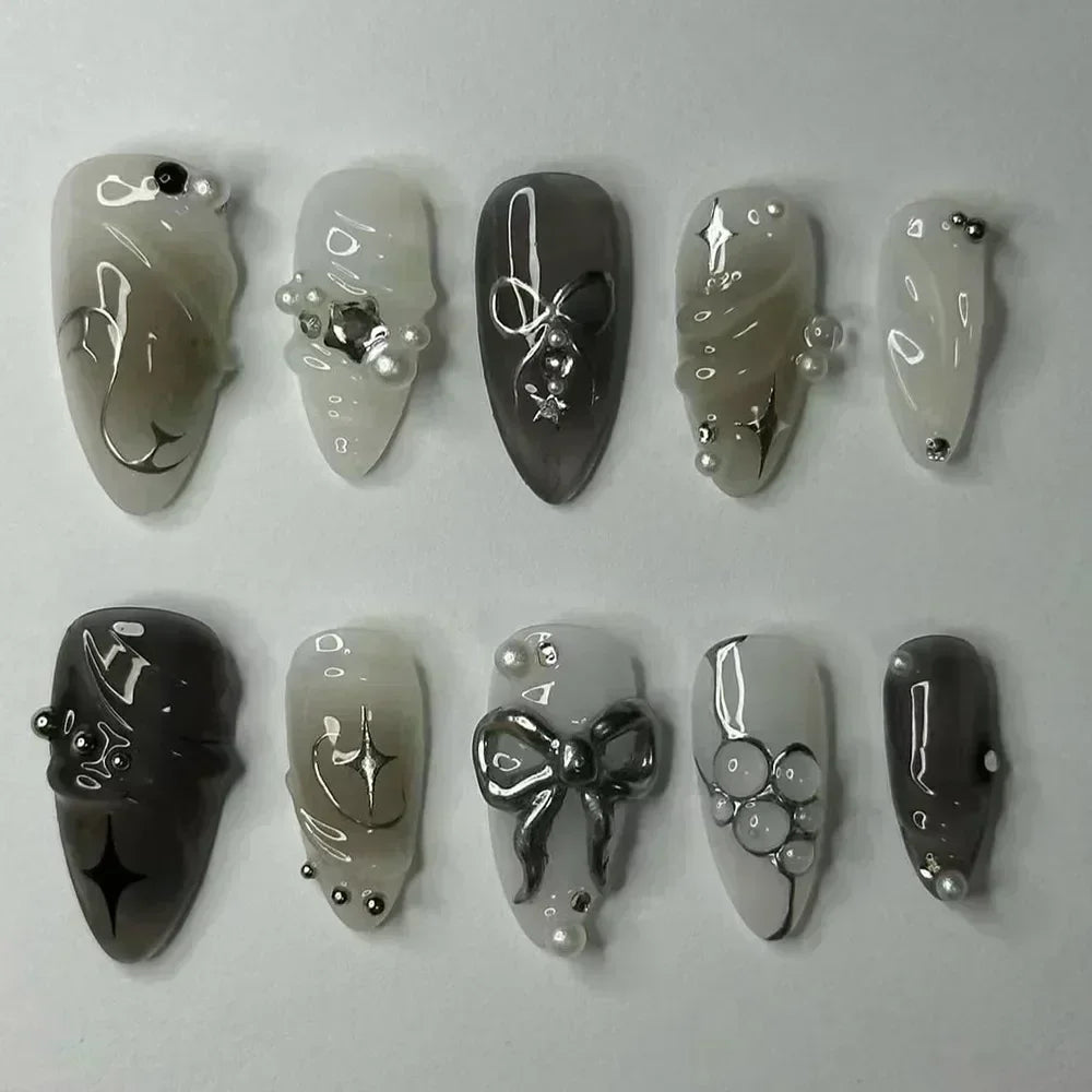 Hnewly 24pcs Detachable Flower Almond bowknot French False Nails Stars Love Glitter Design Press on Nails Fake Nials DIY Manicure Nails
