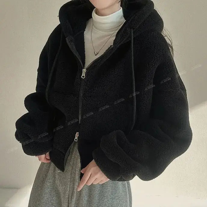 Hnewly Hooded Hoodies Women Winter Thicker Coats Solid Korean Style Zipper Lambswool Jackets Soft Streetwear Loose Harajuku Chic Girl