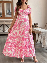 Hnewly  Maternity Floral Print Puff Sleeve Ruffle Hem Midi Dress