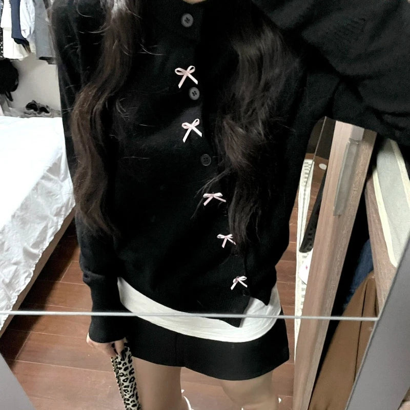 Hnewly Korean Style Sweet Bow Knitted Cardigan Women Elegant Black Sweaters Kawaii Irregular Long Sleeve Cardigan Aesthetics