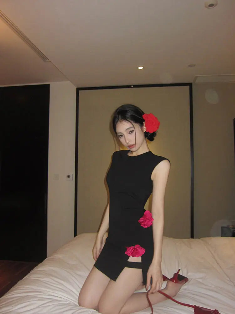 Hnewly  Woman Dress Sexy Sleeveless Flowers Slim Split Vintage Elegant Hollow Out Mini Dresses Party Female Fashion Club