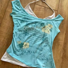 Hnewly Summer Fake Two Pieces Halter Bandage Vintage T-shirts Y2k Aesthetic Slim Crop Tops Women Grunge Print Harajuku Casual Sexy Tee