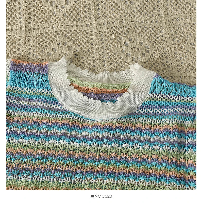 Hnewly Colorful Striped Knitted T Shirt For Women Spring Summer Hollow Out Sexy Streetwear Tops Korean O-Neck Short Pullover Blouses
