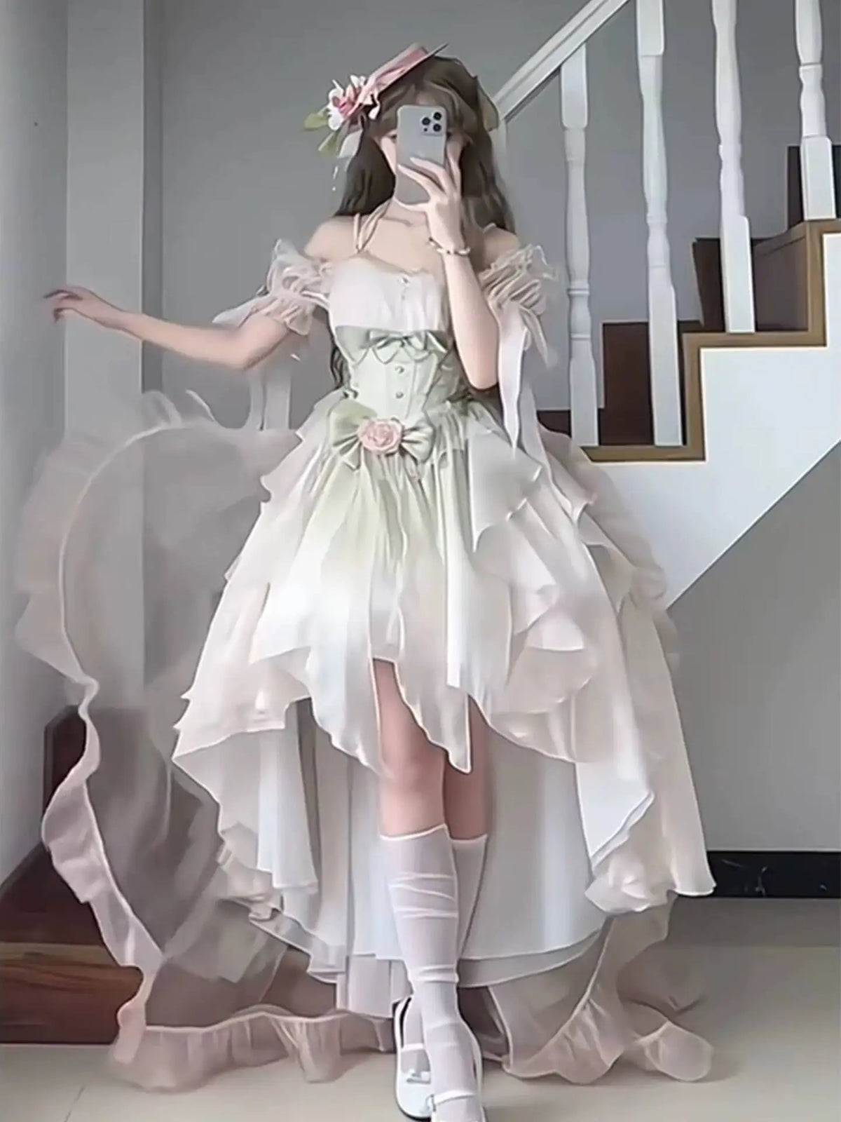 Hnewly  Midsummer Dream Pink and Green Front Short Back Long Wedding Dress Lolita Dress Lolita Tailing Puffy Princess Dress